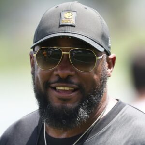 Pittsburgh Steelers head coach Mike Tomlin reacts during training camp at Saint Vincent College.