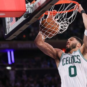 Boston Celtics forward Jayson Tatum (0) dunks the ball in the second half during game four of the second round for the 2025 NBA Playoffs against the New York Knicks at Madison Square Garden.