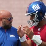 East Rutherford, NJ -- June 5, 2025 -- Quarterback, Russell Wilson and Coach Brian Daboll as the New York Giants players participate in their 2025 OTAÕs at the Quest Diagnostic Giants Training Center in East Rutherford.