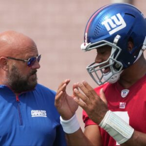 East Rutherford, NJ -- June 5, 2025 -- Quarterback, Russell Wilson and Coach Brian Daboll as the New York Giants players participate in their 2025 OTAÕs at the Quest Diagnostic Giants Training Center in East Rutherford.