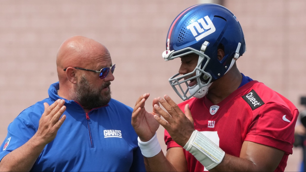 East Rutherford, NJ -- June 5, 2025 -- Quarterback, Russell Wilson and Coach Brian Daboll as the New York Giants players participate in their 2025 OTAÕs at the Quest Diagnostic Giants Training Center in East Rutherford.