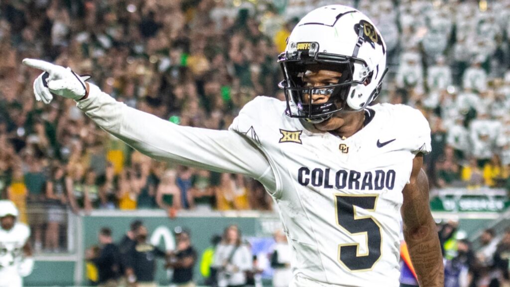 CU football wide receiver Jimmy Horn Jr. signals for a first down after making an acrobatic catch that would later get overturned due to a holding penalty against CSU in the Rocky Mountain Showdown at Canvas Stadium on Saturday, Sept. 14, 2024, in Fort Collins, Colo.