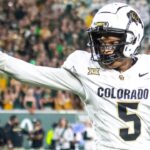 CU football wide receiver Jimmy Horn Jr. signals for a first down after making an acrobatic catch that would later get overturned due to a holding penalty against CSU in the Rocky Mountain Showdown at Canvas Stadium on Saturday, Sept. 14, 2024, in Fort Collins, Colo.
