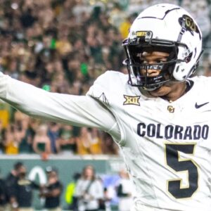 CU football wide receiver Jimmy Horn Jr. signals for a first down after making an acrobatic catch that would later get overturned due to a holding penalty against CSU in the Rocky Mountain Showdown at Canvas Stadium on Saturday, Sept. 14, 2024, in Fort Collins, Colo.