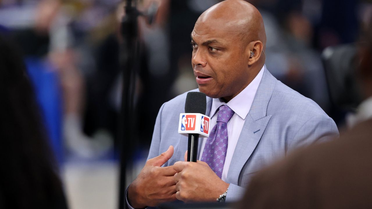 NBA TV analyst Charles Barkley talks on set before game three of the 2024 NBA Finals between the Boston Celtics and the Dallas Mavericks at American Airlines Center.