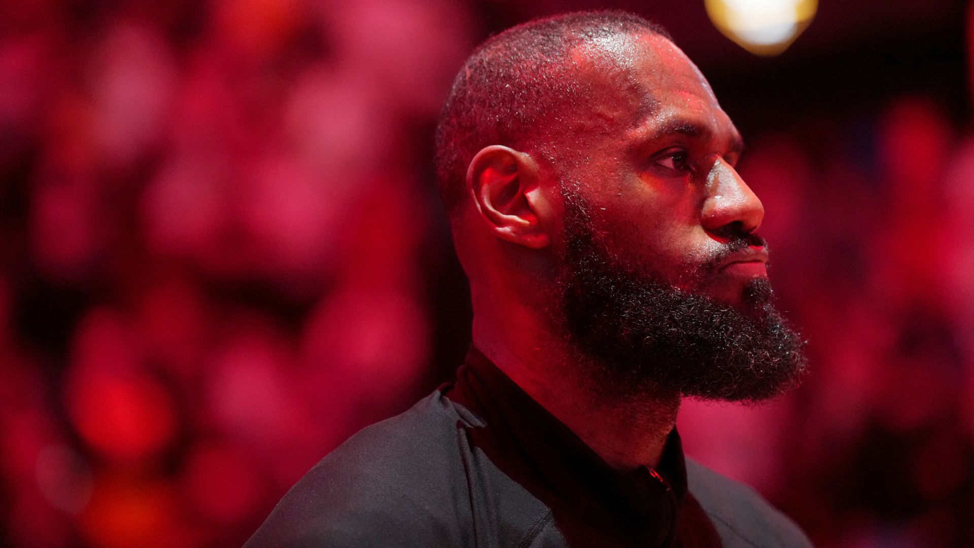 Dec 4, 2024; Miami, Florida, USA; Los Angeles Lakers forward LeBron James (23) during pregame ceremonies before a game against the Miami Heat at Kaseya Center.
