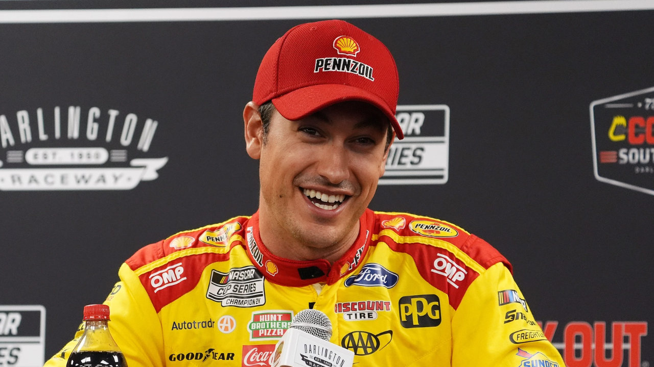 Aug 31, 2024; Darlington, South Carolina, USA; NASCAR Cup Series driver Joey Logano speaks with the media prior to practice for the Cook Out Southern 500 at Darlington Raceway. Mandatory Credit: Jasen Vinlove-Imagn Images