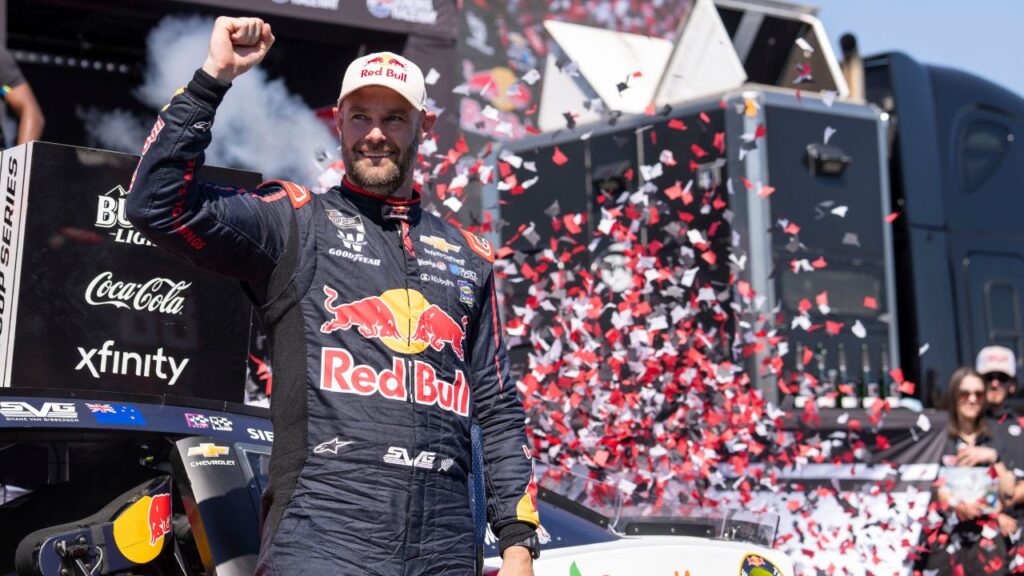 NASCAR Cup Series driver Shane van Gisbergen (88) celebrates after winning the NASCAR Toyota / Save Mart 350 at Sonoma Raceway.