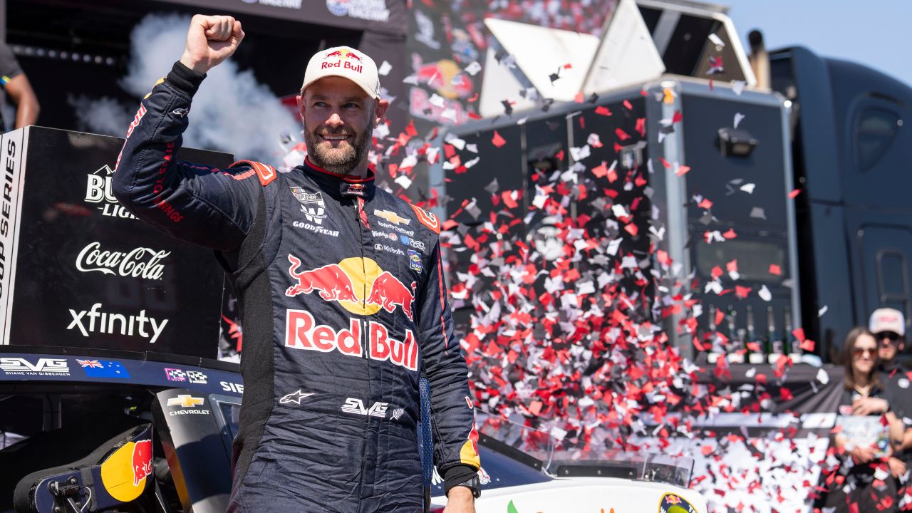 NASCAR Cup Series driver Shane van Gisbergen (88) celebrates after winning the NASCAR Toyota / Save Mart 350 at Sonoma Raceway.