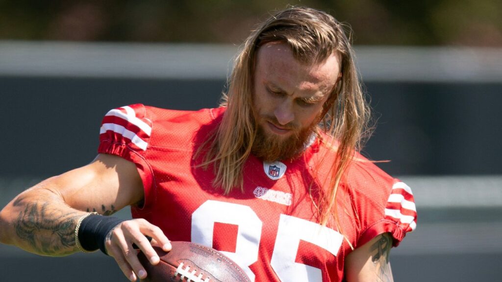 San Francisco 49ers tight end George Kittle (85) works on improving his grip strength during a team OTA at Levi's Stadium.