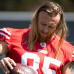 San Francisco 49ers tight end George Kittle (85) works on improving his grip strength during a team OTA at Levi's Stadium.