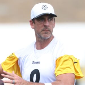 Pittsburgh Steelers quarterback Aaron Rodgers (8) participates in drills during training camp at Saint Vincent College.