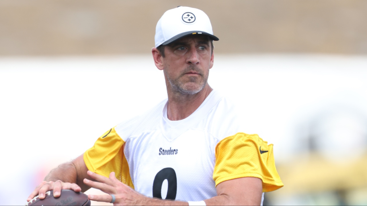Pittsburgh Steelers quarterback Aaron Rodgers (8) participates in drills during training camp at Saint Vincent College.