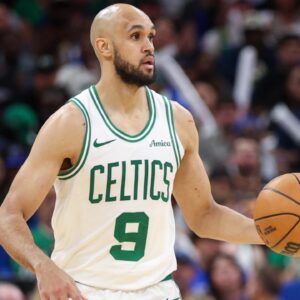 Boston Celtics guard Derrick White (9) controls the ball against the Orlando Magic in the fourth quarter during game four of first round for the 2025 NBA Playoffs at Kia Center.