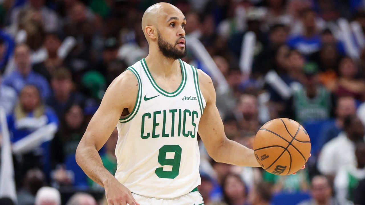 Boston Celtics guard Derrick White (9) controls the ball against the Orlando Magic in the fourth quarter during game four of first round for the 2025 NBA Playoffs at Kia Center.