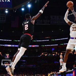Los Angeles Lakers forward LeBron James (23) shoots against Portland Trail Blazers center Deandre Ayton (2) during the second half at Crypto.com Arena