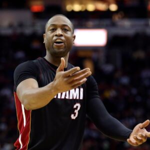 Feb 2, 2016; Houston, TX, USA; Miami Heat guard Dwyane Wade (3) reacts after a play during the second quarter against the Houston Rockets at Toyota Center.
