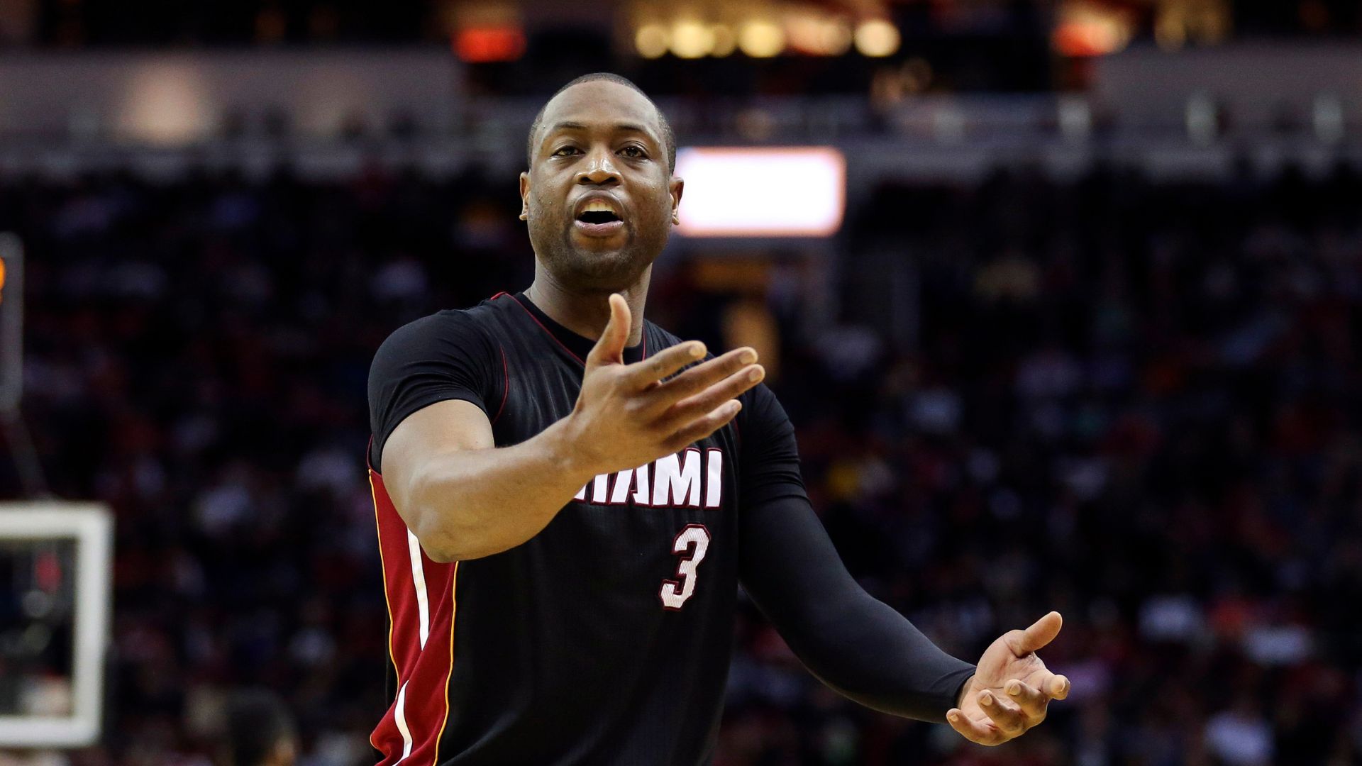 Feb 2, 2016; Houston, TX, USA; Miami Heat guard Dwyane Wade (3) reacts after a play during the second quarter against the Houston Rockets at Toyota Center.