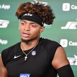New York Jets quarterback Justin Fields (7) speaks at a press conference during minicamp at Atlantic Health Jets Training Center.
