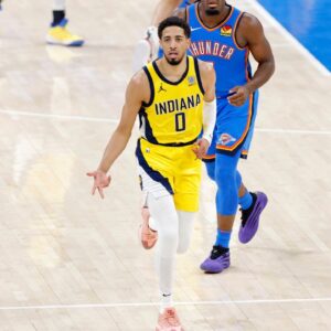 Indiana Pacers guard Tyrese Haliburton (0) reacts after against the Oklahoma City Thunder during the first half of game seven of the 2025 NBA Finals at Paycom Center.