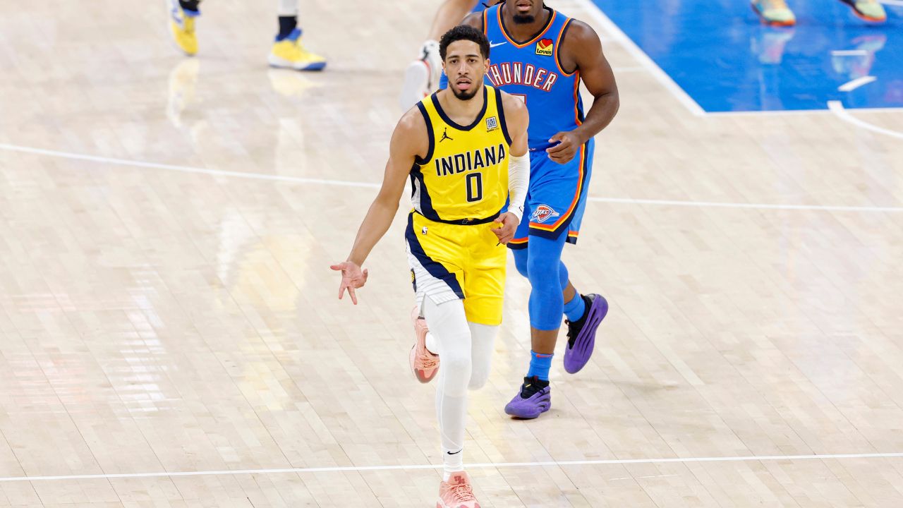 Indiana Pacers guard Tyrese Haliburton (0) reacts after against the Oklahoma City Thunder during the first half of game seven of the 2025 NBA Finals at Paycom Center.