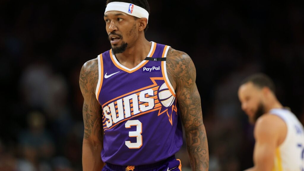 Apr 8, 2025; Phoenix, Arizona, USA; Phoenix Suns guard Bradley Beal (3) reacts during the first half against the Golden State Warriors at Footprint Center.