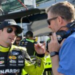 NASCAR Cup Series driver Ryan Blaney (12) talks with Dale Earnhardt Jr. on Saturday, July 30, 2022, during practice for the Verizon 200 at the Brickyard at Indianapolis Motor Speedway.