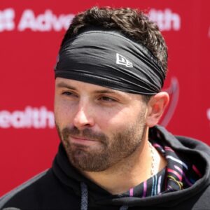 Tampa Bay Buccaneers quarterback Baker Mayfield (6) gives a press conference after mini camp at AdventHealth Training Center.