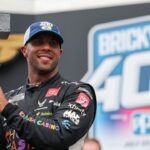 NASCAR Cup Series driver Bubba Wallace (23) celebrates winning Sunday, July 27, 2025, the Brickyard 400 at Indianapolis Motor Speedway.