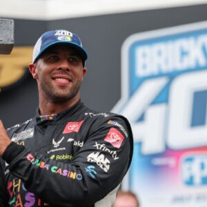 NASCAR Cup Series driver Bubba Wallace (23) celebrates winning Sunday, July 27, 2025, the Brickyard 400 at Indianapolis Motor Speedway.