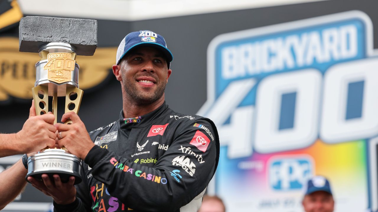 NASCAR Cup Series driver Bubba Wallace (23) celebrates winning Sunday, July 27, 2025, the Brickyard 400 at Indianapolis Motor Speedway.