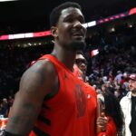 Portland Trail Blazers center Deandre Ayton (2) reacts after helping secure a 121-119 overtime win against the Phoenix Suns at Moda Center