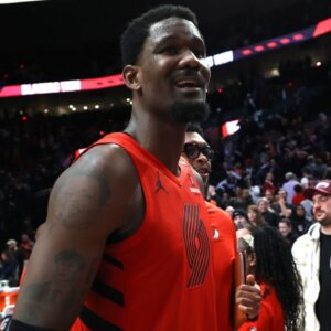 Portland Trail Blazers center Deandre Ayton (2) reacts after helping secure a 121-119 overtime win against the Phoenix Suns at Moda Center