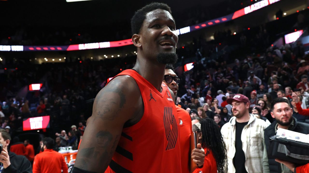 Portland Trail Blazers center Deandre Ayton (2) reacts after helping secure a 121-119 overtime win against the Phoenix Suns at Moda Center