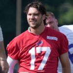 Buffalo Bills quarterback Josh Allen stretches with the team at the Buffalo Bills training camp at St. John Fisher University in Pittsford on July 24, 2025.
