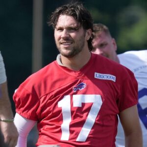 Buffalo Bills quarterback Josh Allen stretches with the team at the Buffalo Bills training camp at St. John Fisher University in Pittsford on July 24, 2025.