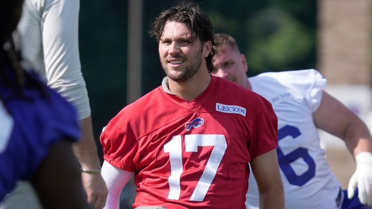 Buffalo Bills quarterback Josh Allen stretches with the team at the Buffalo Bills training camp at St. John Fisher University in Pittsford on July 24, 2025.