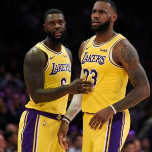 Los Angeles Lakers forward LeBron James (23) talks with guard Lance Stephenson (6) during the second half against the Denver Nuggets at Staples Center.