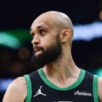 Boston Celtics guard Derrick White (9) in the first half during game five of the second round for the 2025 NBA Playoffs against the New York Knicks at TD Garden.