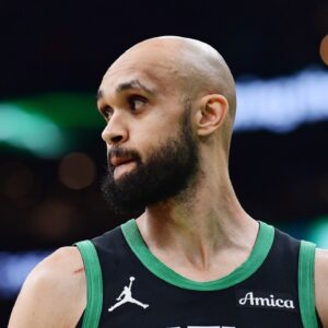 Boston Celtics guard Derrick White (9) in the first half during game five of the second round for the 2025 NBA Playoffs against the New York Knicks at TD Garden.