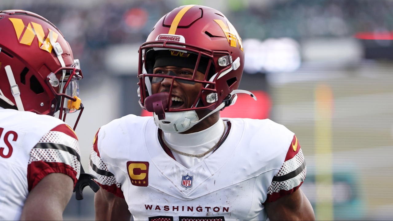 Washington Commanders wide receiver Terry McLaurin (17) reacts after a play with wide receiver Olamide Zaccheaus (14) against the Philadelphia Eagles during the first half in the NFC Championship game at Lincoln Financial Field.Commanders News: Insider Reflects on Terry McLaurin's Future in Washington Amid Trade Rumors