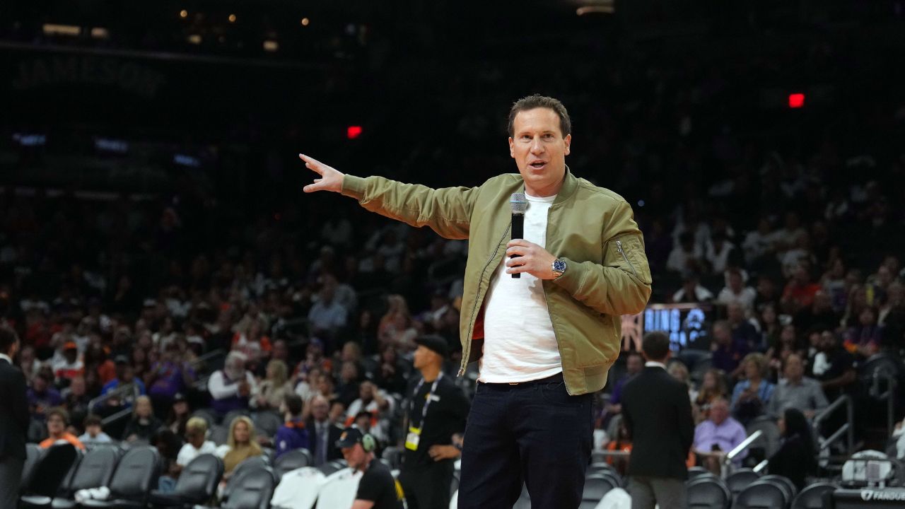 Phoenix Suns owner Matt Ishbia greets fans during a Ring of Honor half time ceremony of the game against the Utah Jazz at Footprint Center.