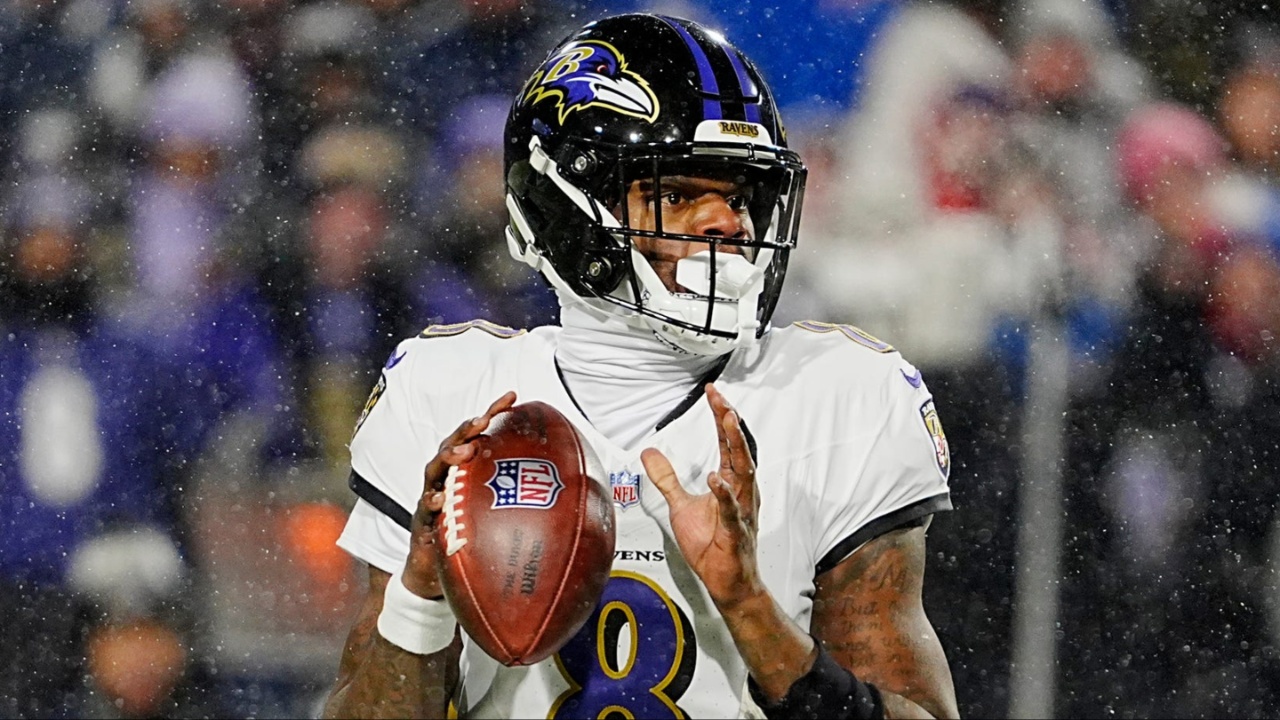 Baltimore Ravens quarterback Lamar Jackson gets ready to launch the ball during first half action at the Buffalo Bills divisional game against the Baltimore Ravens at Highmark Stadium in Orchard Park on Jan. 19, 2025.