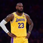 Los Angeles Lakers forward LeBron James (23) reacts during the first half in game five of first round for the 2025 NBA Playoffs at Crypto.com Arena.