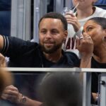 Golden State Warriors star Stephen Curry and his wife Ayesha take in a Golden State Valkyries game against the Los Angeles Sparks at Chase Center.