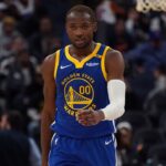 Golden State Warriors forward Jonathan Kuminga (00) walks upcourt during a pause in the action against the New Orleans Pelicans in the fourth quarter at Chase Center
