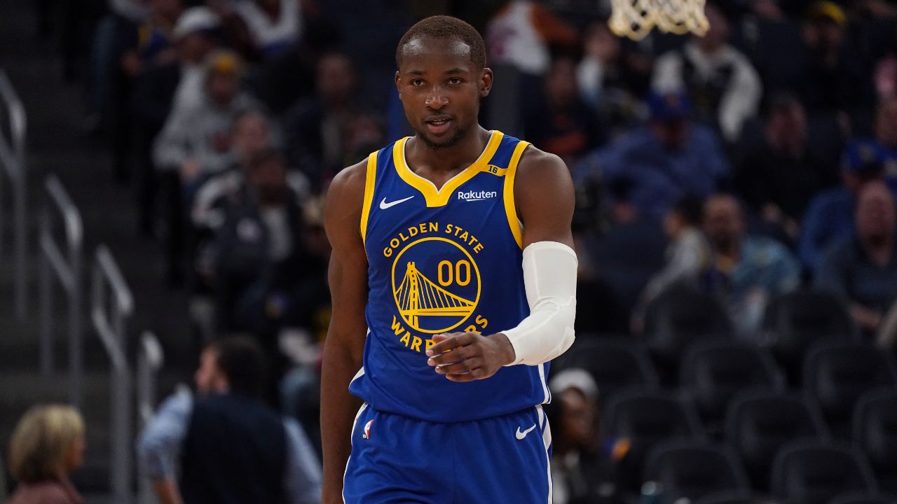 Golden State Warriors forward Jonathan Kuminga (00) walks upcourt during a pause in the action against the New Orleans Pelicans in the fourth quarter at Chase Center