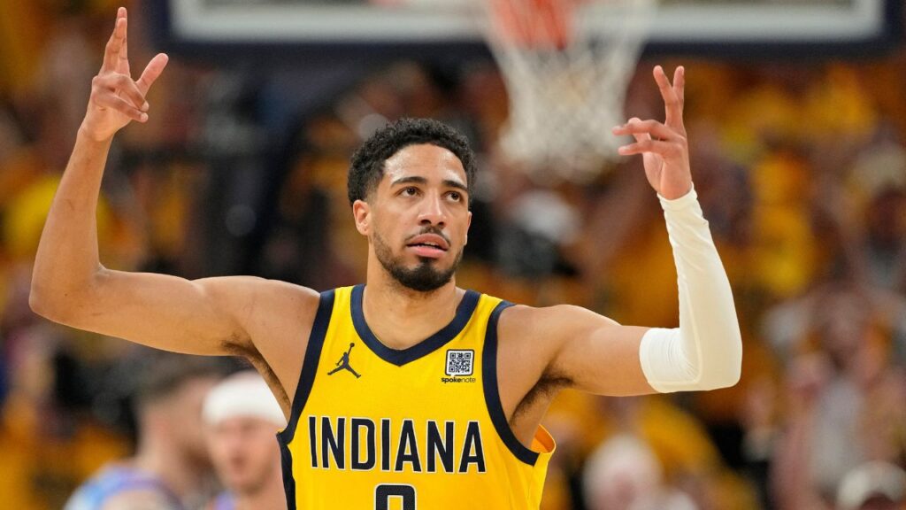 Indiana Pacers guard Tyrese Haliburton (0) reacts after a play against the Oklahoma City Thunder during the first half of game six of the 2025 NBA Finals between the Oklahoma City Thunder and the Indiana Pacers at Gainbridge Fieldhouse.