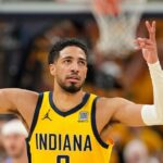 Indiana Pacers guard Tyrese Haliburton (0) reacts after a play against the Oklahoma City Thunder during the first half of game six of the 2025 NBA Finals between the Oklahoma City Thunder and the Indiana Pacers at Gainbridge Fieldhouse.