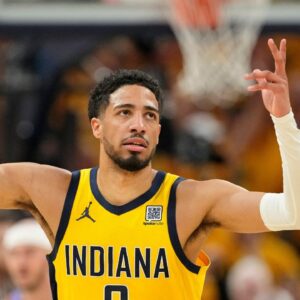 Indiana Pacers guard Tyrese Haliburton (0) reacts after a play against the Oklahoma City Thunder during the first half of game six of the 2025 NBA Finals between the Oklahoma City Thunder and the Indiana Pacers at Gainbridge Fieldhouse.